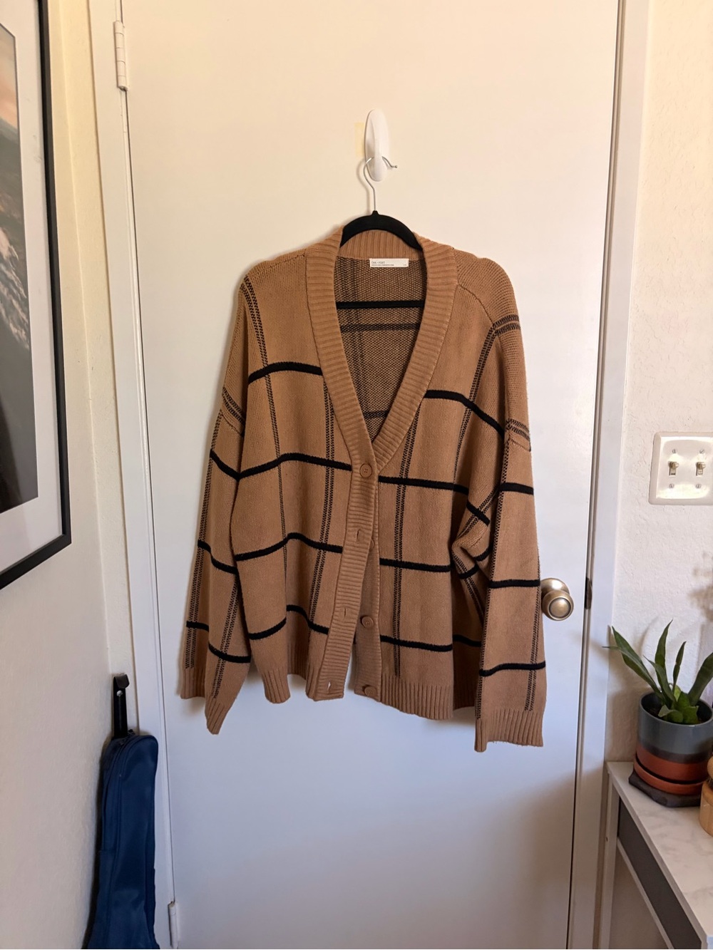 Oak and Fort Button-Up Cardigan with Black Windowpane Stripes - Oversized